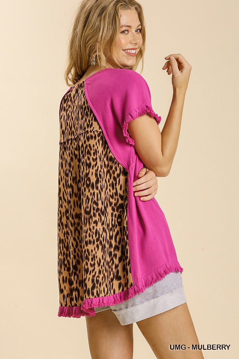 Ruffle Sleeve Top with Animal Print Back Detail