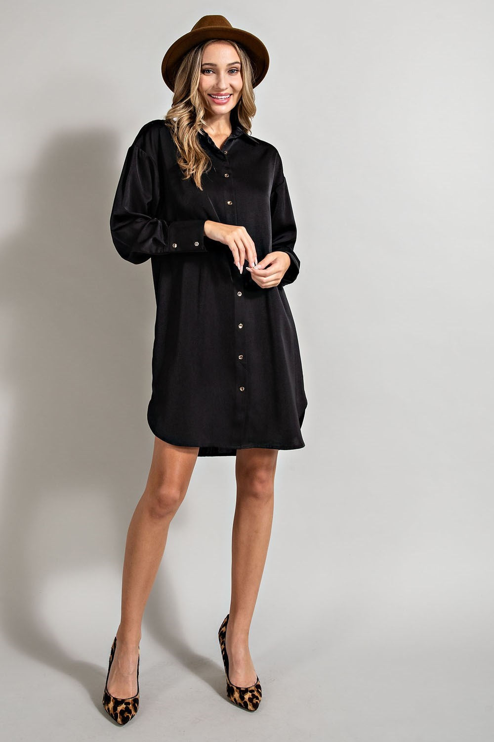 Satin Button Front Shirt Dress