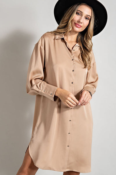 Satin Button Front Shirt Dress