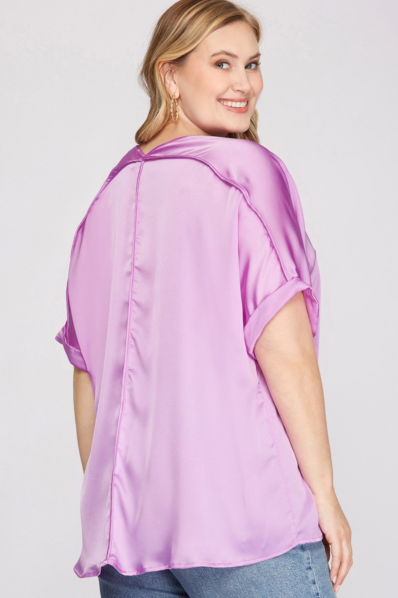 Drop Shoulder V Neck Satin Top