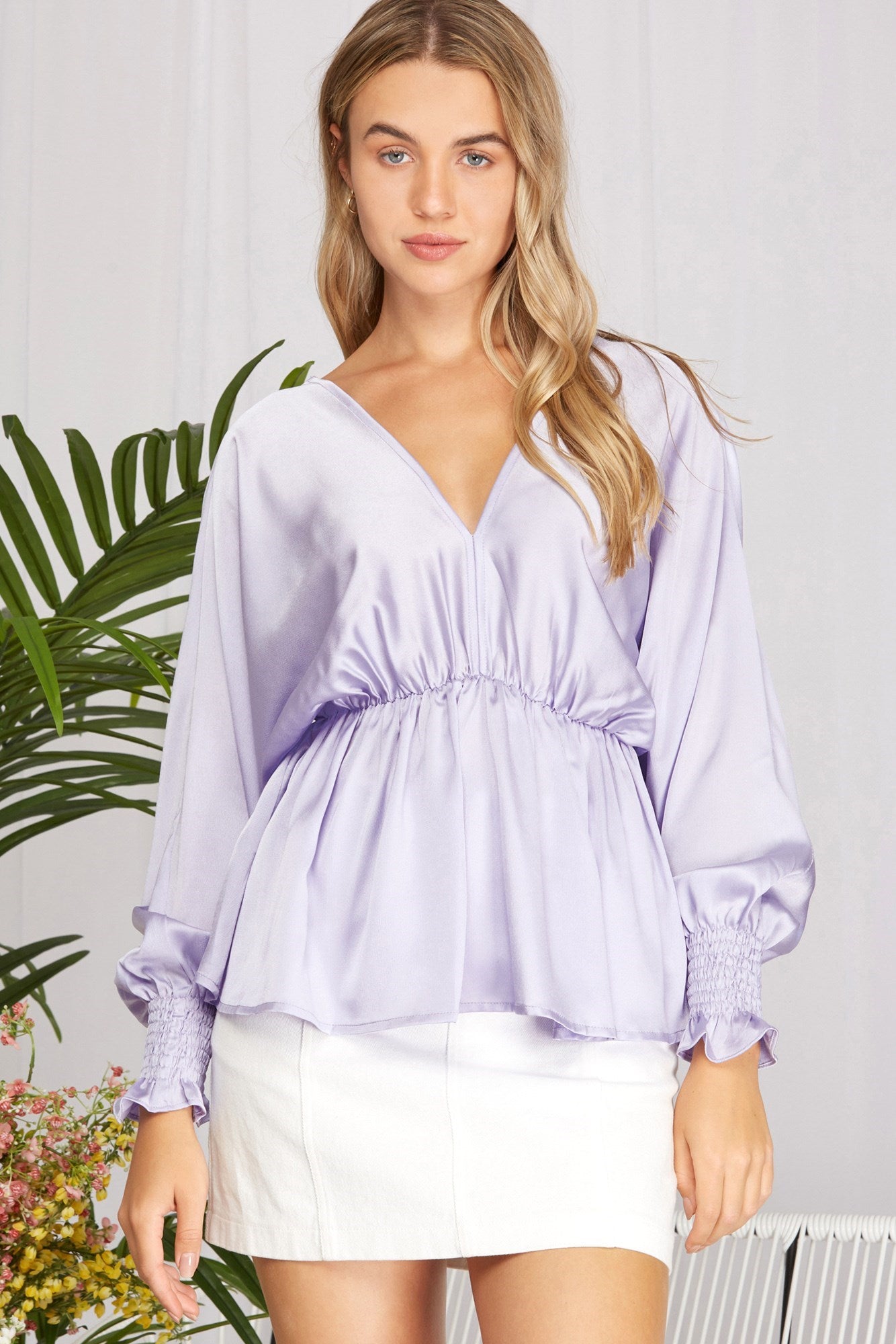 Long Dolman Sleeve Satin Peplum Top