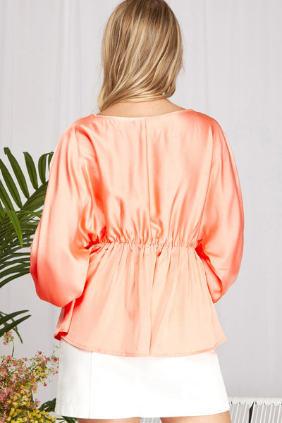 Long Dolman Sleeve Satin Peplum Top