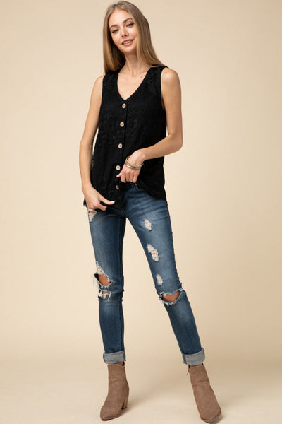 Sleeveless Lace Button Down Top
