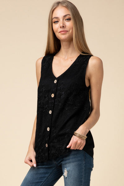 Sleeveless Lace Button Down Top