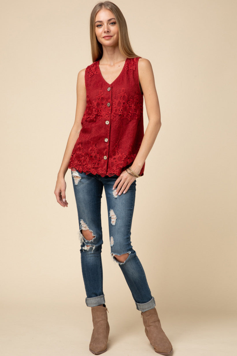 Sleeveless Lace Button Down Top