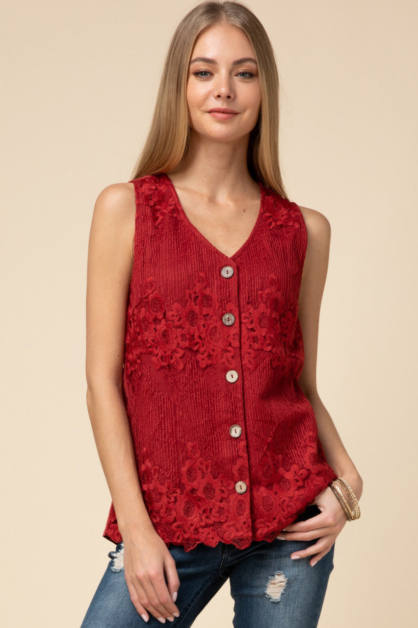 Sleeveless Lace Button Down Top