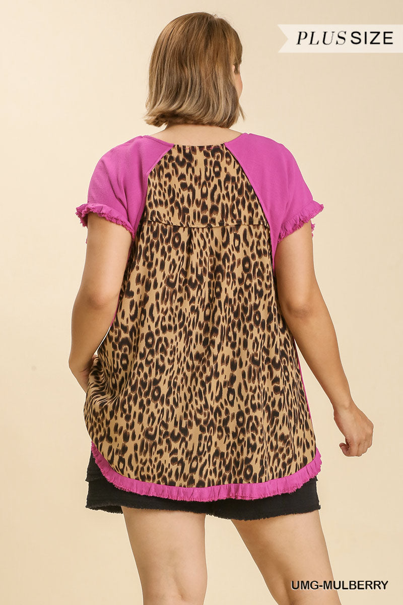 Ruffle Sleeve Top with Animal Print Back Detail