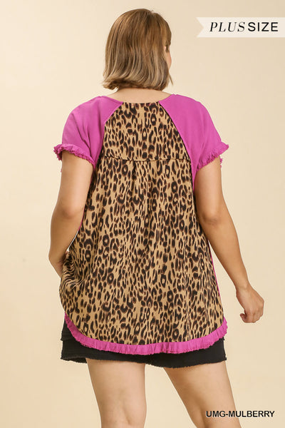 Ruffle Sleeve Top with Animal Print Back Detail