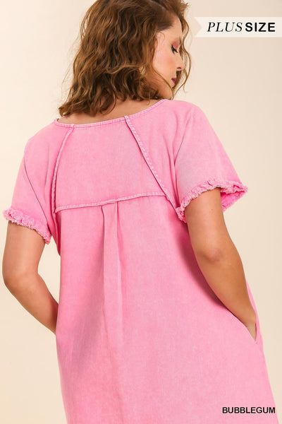 Short Sleeve Fringe Denim Dress with Pockets