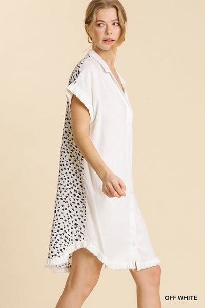 Linen Blend Animal Print Button Up Dress