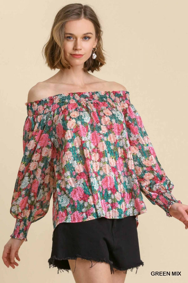 Sheer Floral Print & Metallic Threading Off Shoulder Top