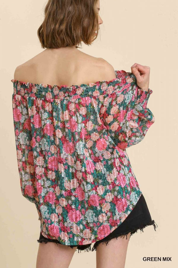 Sheer Floral Print & Metallic Threading Off Shoulder Top