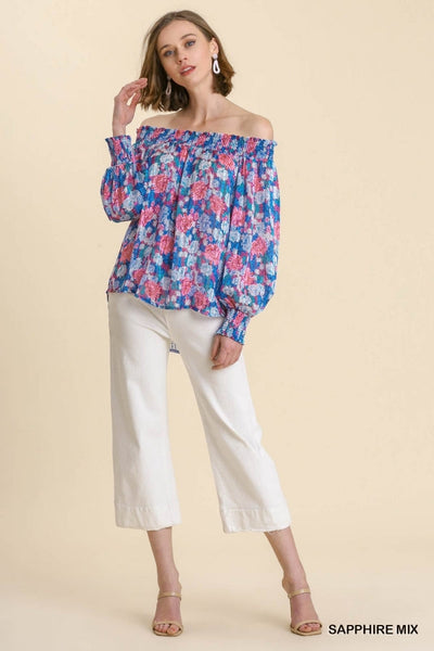 Sheer Floral Print & Metallic Threading Off Shoulder Top