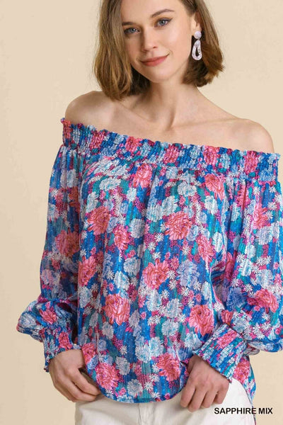 Sheer Floral Print & Metallic Threading Off Shoulder Top