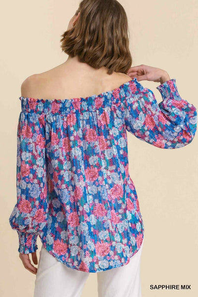 Sheer Floral Print & Metallic Threading Off Shoulder Top