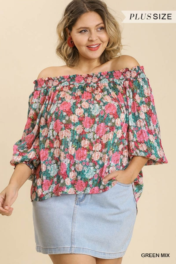 Sheer Floral Print & Metallic Threading Off Shoulder Top