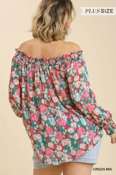 Sheer Floral Print & Metallic Threading Off Shoulder Top