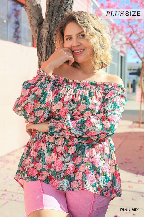 Sheer Floral Print & Metallic Threading Off Shoulder Top